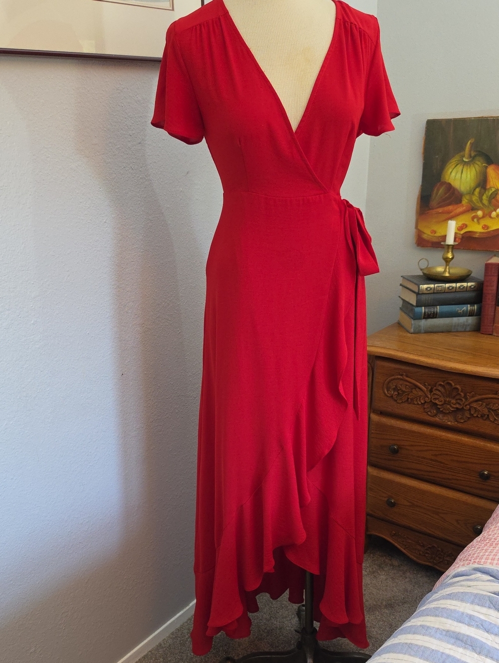 Altar'd State Red Wrap Midi Dress with Ruffle Hem Flutter Sleeves Feminine Flowy